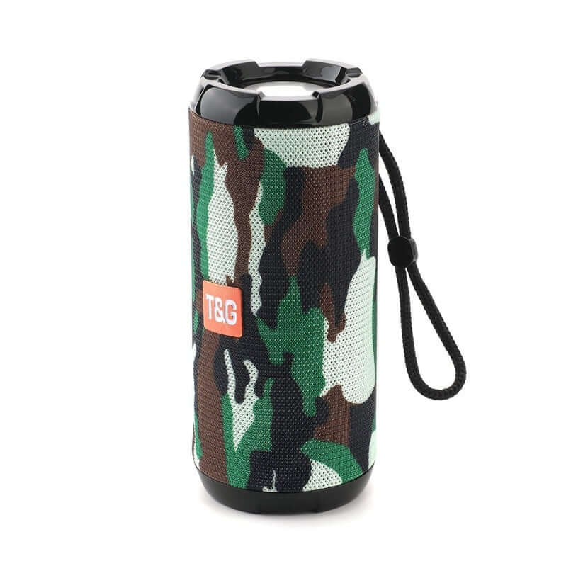 Portable Bluetooth Speaker in camo design, ideal for outdoor audio enjoyment and convenience.