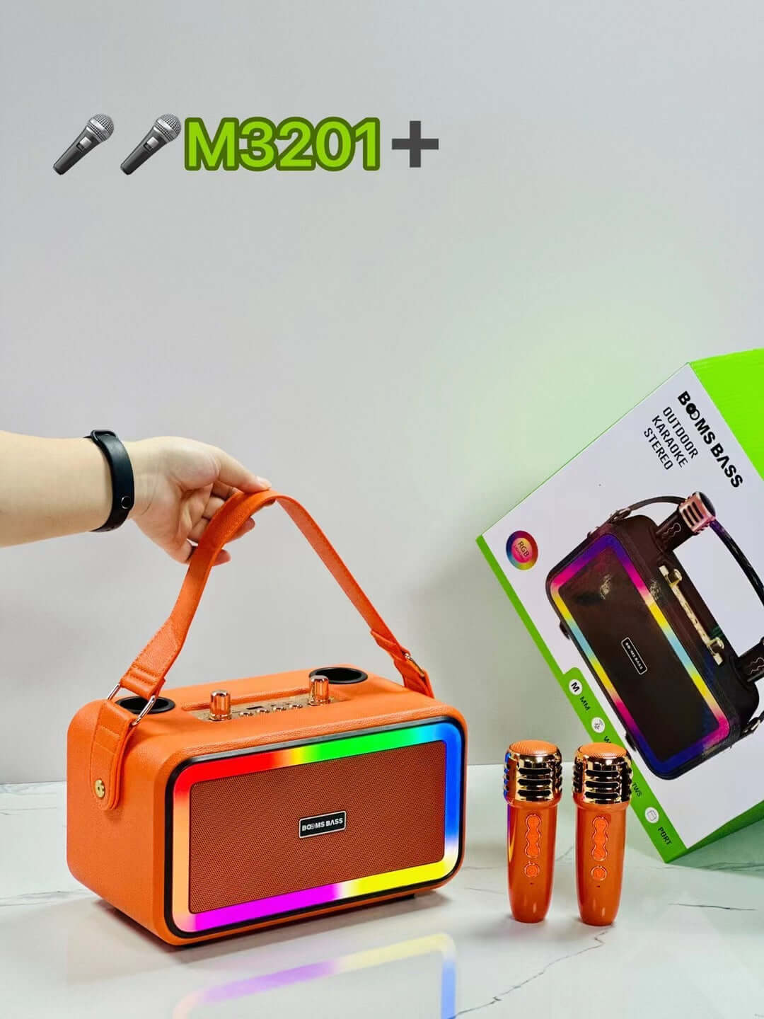 M3201 Bluetooth speaker orange color with product packaging