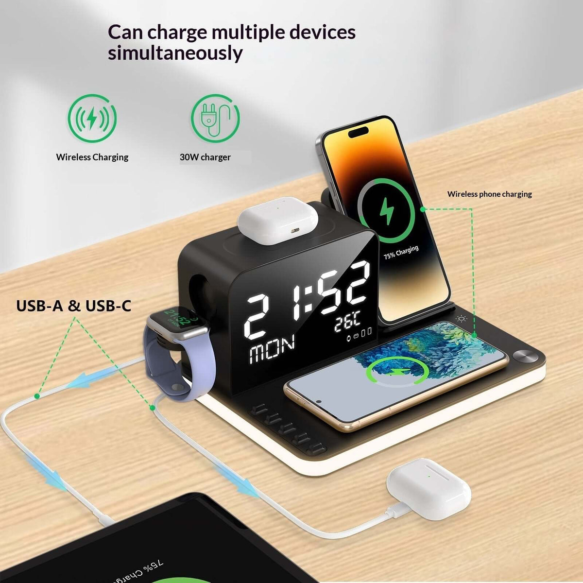 Wireless charging dock station charging phone watch and earbuds simultaneously