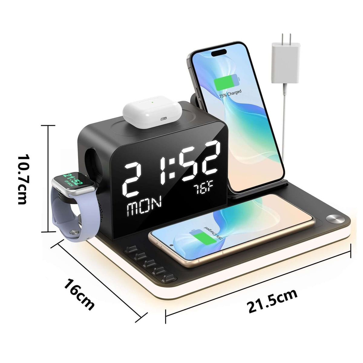 Wireless charging dock station side view showing all charging ports